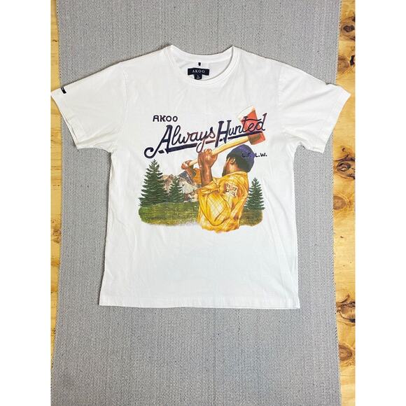 Akoo White t-shirt Size Large Embroidered Always Hunted Axe Woodsman Forest - Picture 1 of 10